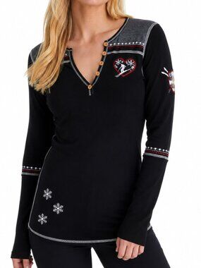 ALP N ROCK Apres Ski Snow Henley Top Black Small Long Sleeve Y2K Embroidered